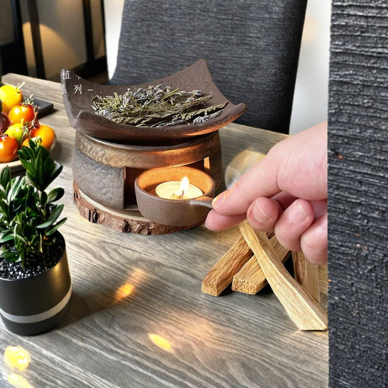Coarse Pottery Heat-Resistant Home Desktop Incense Burner Retro Fireplace Home Office Tea Warmer Tea Incense Burner Can Be Used for Dry Burning
