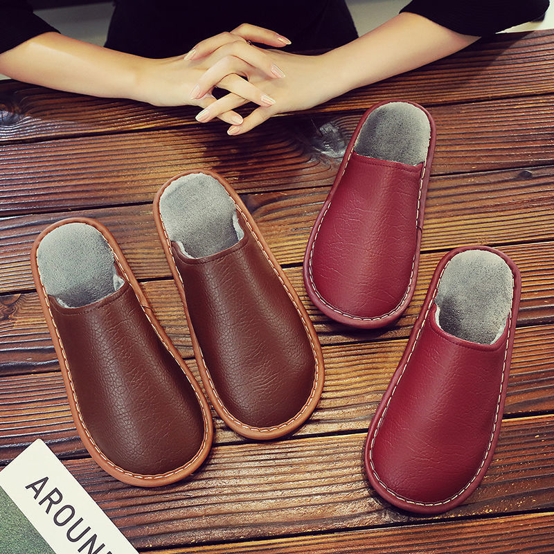 Haining Leather Slippers for Men and Women, Winter Couple Cotton Slippers, Waterproof Pu Leather Maternity Shoes, Thick-Soled, Non-Slip, Warm and Thickened