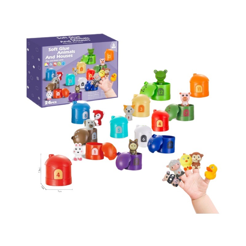 New Cross-Border Popular Kidsren's Educational Enlightenment Cognitive Soft Glue Animal Number Matching House Cartoon Animal Finger Puppet