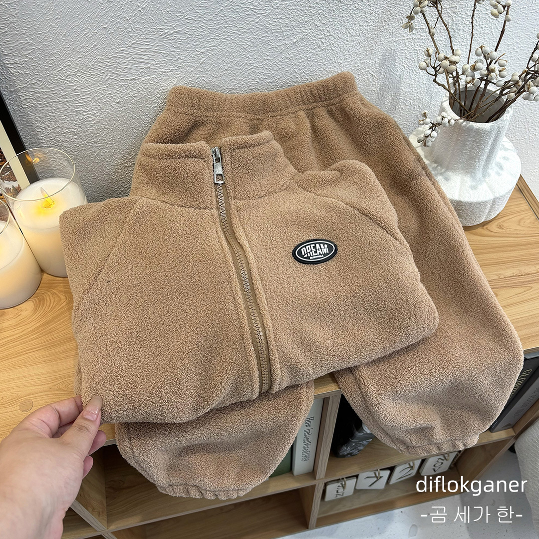 New Children's Double-sided Fleece suit Autumn and Winter Baby Warm Woolen Sweater Two-piece Set for Boys and Girls Windproof Collar