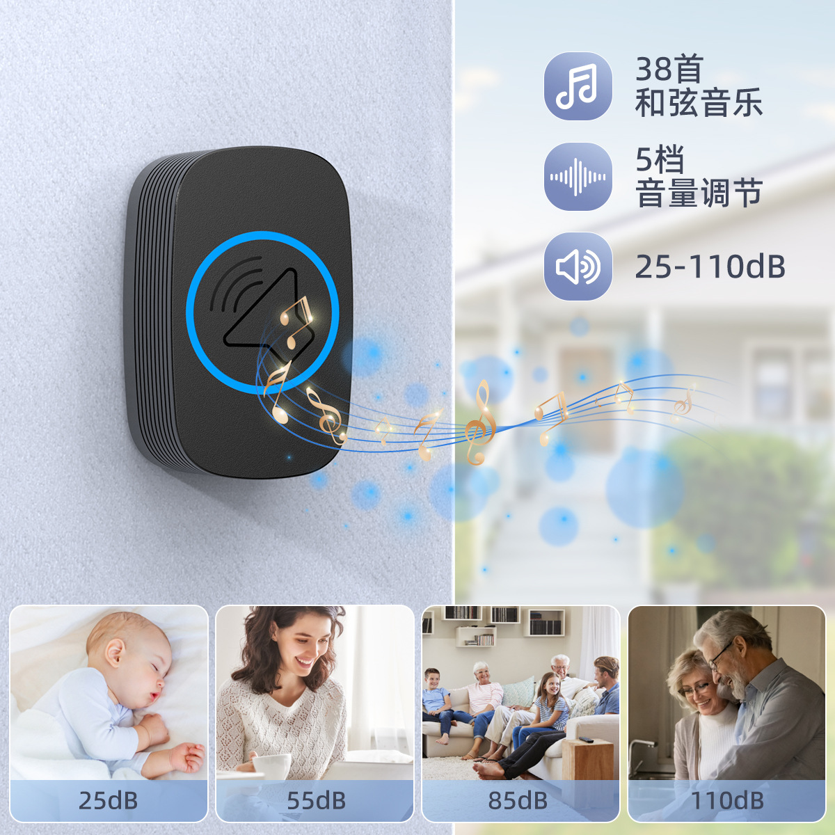 Factory direct high-end household wireless doorbell AC digital music doorbell ultra-long distance remote control doorbell cross-border