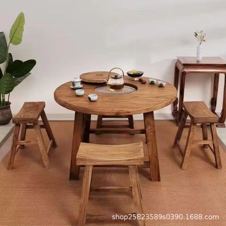 Old Elm Wood Small Round Table for Tea Brewing, Tea Table with Stove, Barbecue Hot Pot Table, Solid Wood Tea Table, Natural Wood Balcony Table, Fire Table