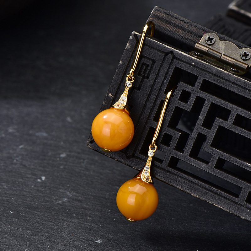 Beeswax Earrings Natural Old Beeswax Earrings 925 Silver Inlaid Butter Yellow Earrings Beeswax Earrings Amber Earrings