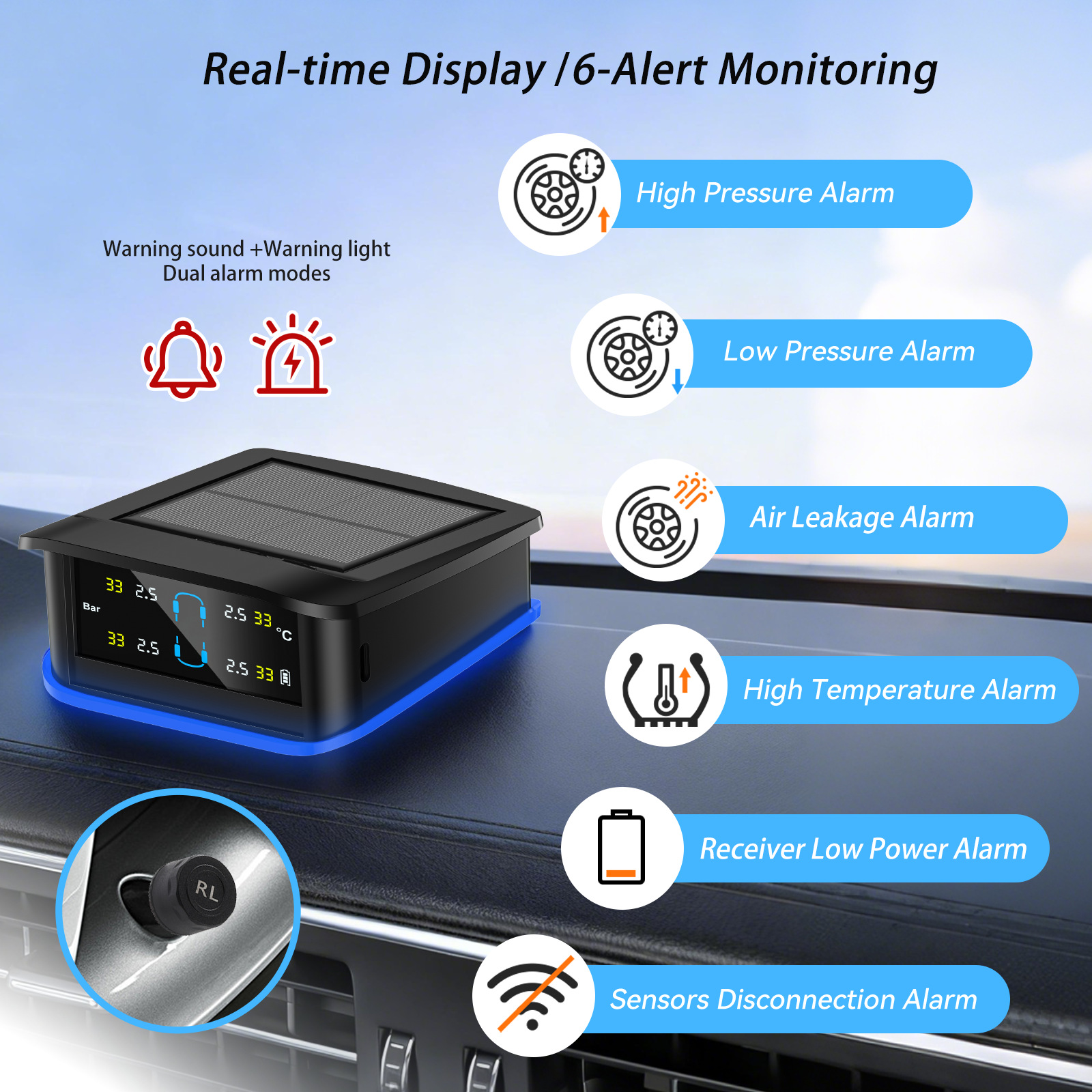 Tire Pressure Monitor Type-C Charging Port with Ambient Light Alarm Light Built-In and External Optional Support Laser Engraving, Etc