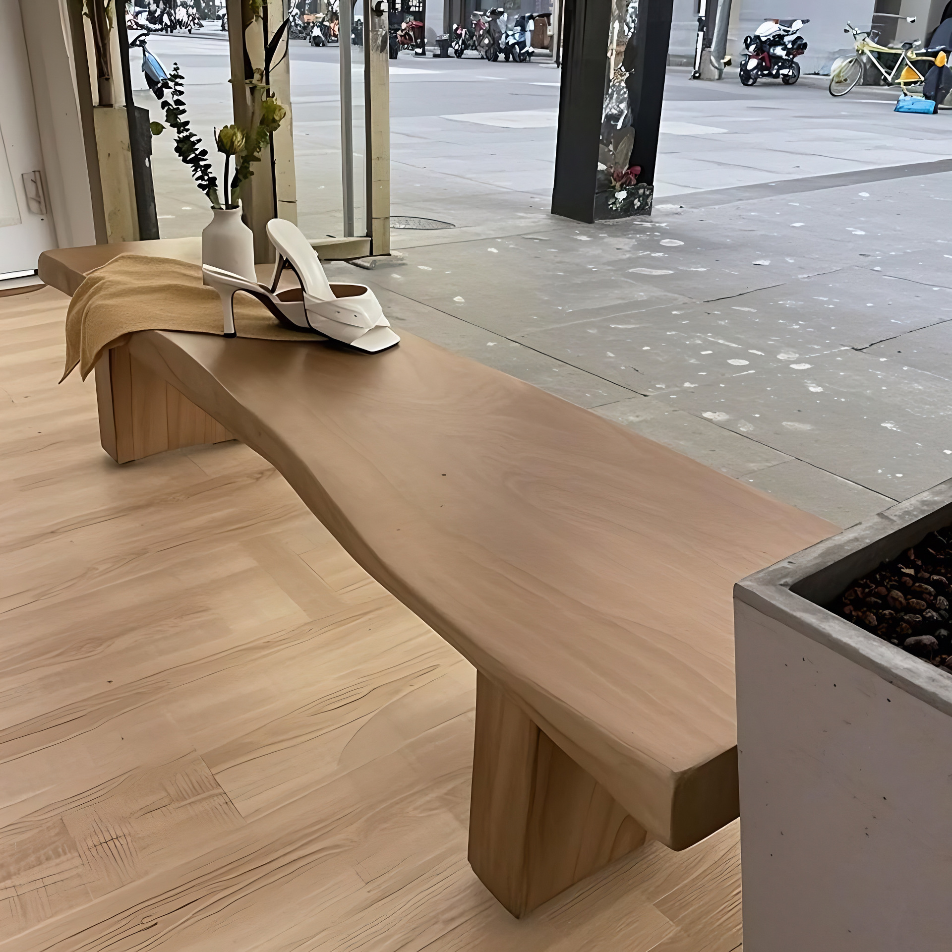 Nordic Solid Wood Natural Edge Long Bench Seating Area Stool Retro Bed End Bench Light Luxury Internet Celebrity Log Bench Dining J^