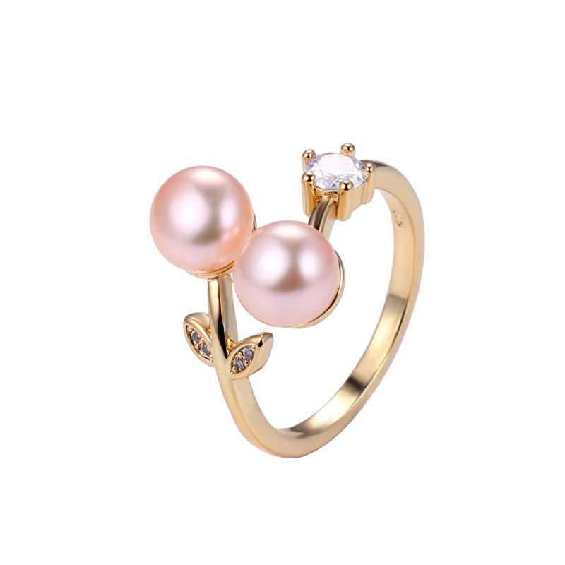 Japanese and Korean Fashion Leaf Freshwater Pearl Ring Simple Design ins Cold Style Open Double Pearl Ring Ring