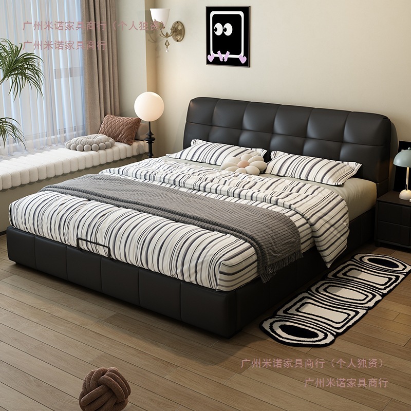Modern Simple Italian Black Puff Bed Leather Small Apartment Storage Bed Double Bed Wedding Bed Leather Art Bed Large Bed