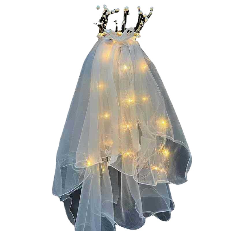 Bride tassel crown luminous head yarn Net red photo props stall children's license with light double-layer head yarn wholesale