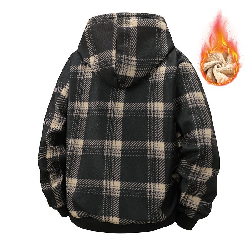 2025 Winter Plaid Hooded Polar Fleece Fleece-Lined Thickeneded Warm American Casual Couple Outdoor Sports Men's Outerwear