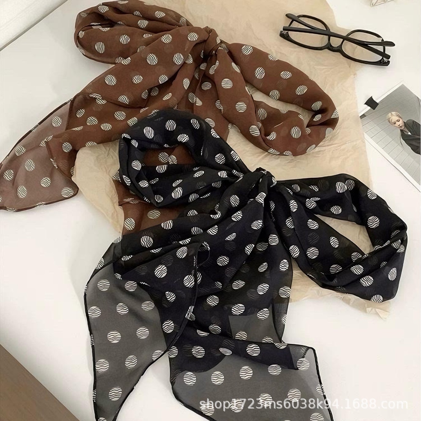 Brown Polka Dot Silk Scarf Printed Versatile Scarf Ribbon Accessory Neck Tie Women's 2025 New Hairband Bag Bow