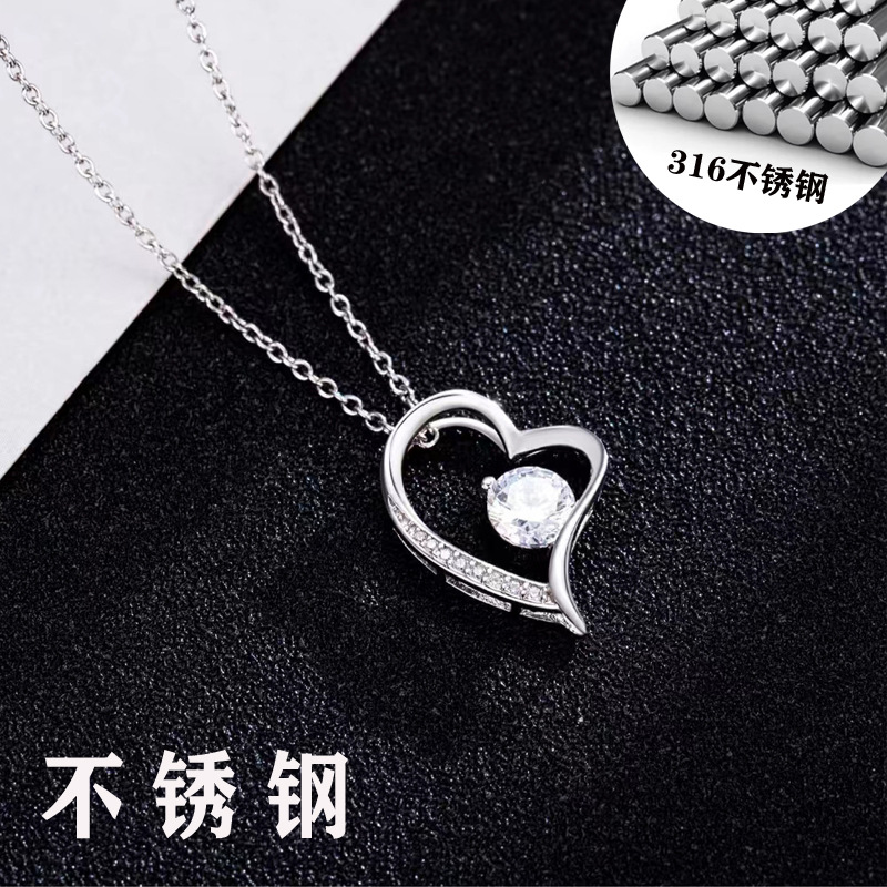 Ожерелье из нержавеющей стали с бриллиантом, кросс-бодерное европейское и американское модное, универсальная цепочка для ключицы из титана, сердцевидный кулон из циркона с полным покрытием
