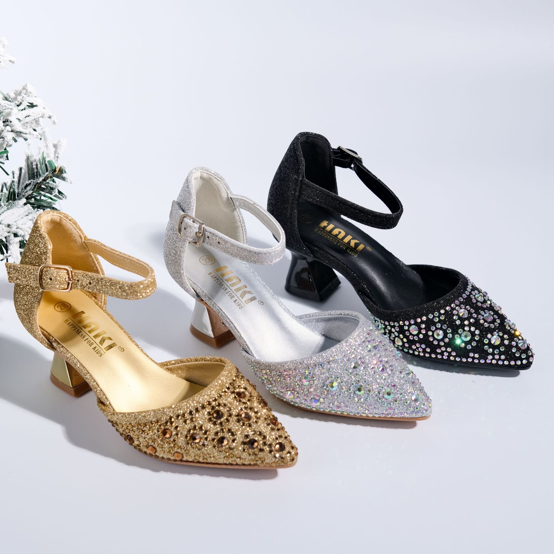 2025 New Export Sweet High-Heeled Shoes Thick Heel Shallow Mouth Pointed Toe Hollow One-Line Sandals with Shiny Rhinestones for Women