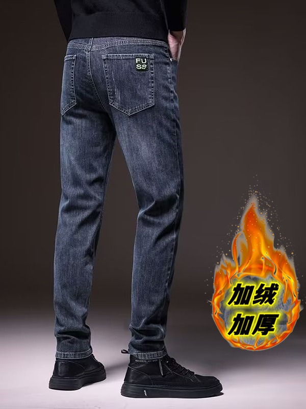 Foreign trade export men's clothing autumn and winter fleece-lined thick jeans men's straight slim stretch trousers high-end retro fashion