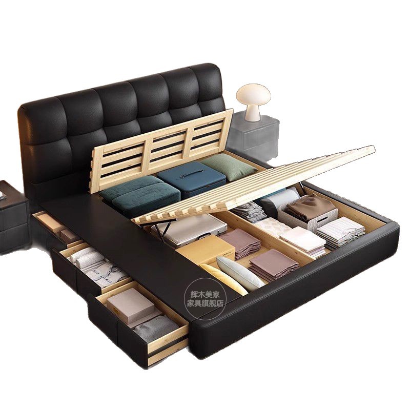 Modern Light Luxury Simple Genuine Leather Ins Black Cream Double Bed Master Bedroom 1.8m Small Apartment Storage Bed Wedding Bed