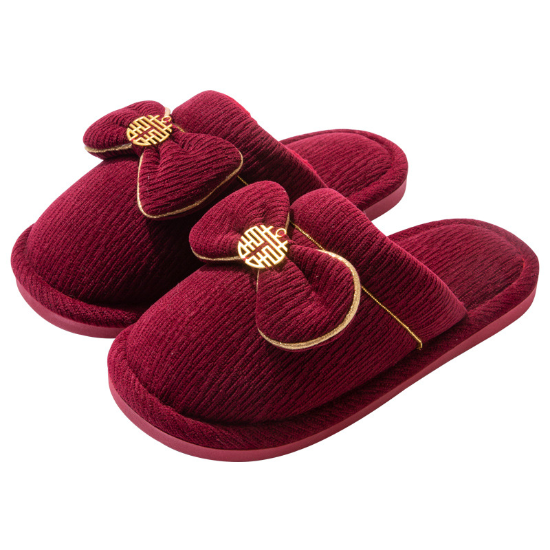 Winter Red Wedding Slippers with Velvet and Thickening for the Bride and Groom, Wedding Celebrations, Bride's Dowry, Couple's Floor Slippers