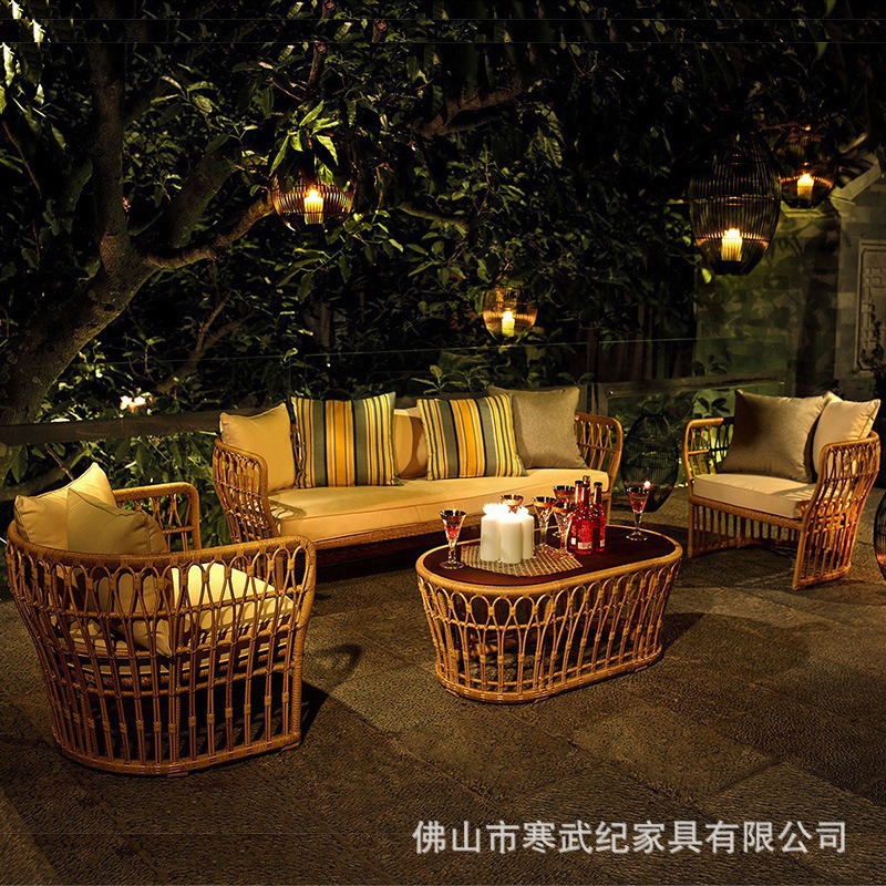 Southeast Asian Outdoor Rattan Sofa Courtyard Balcony Leisure Outdoor Open-Air Restaurant Bed and Breakfast Double Rattan Chair Combination Waterproof