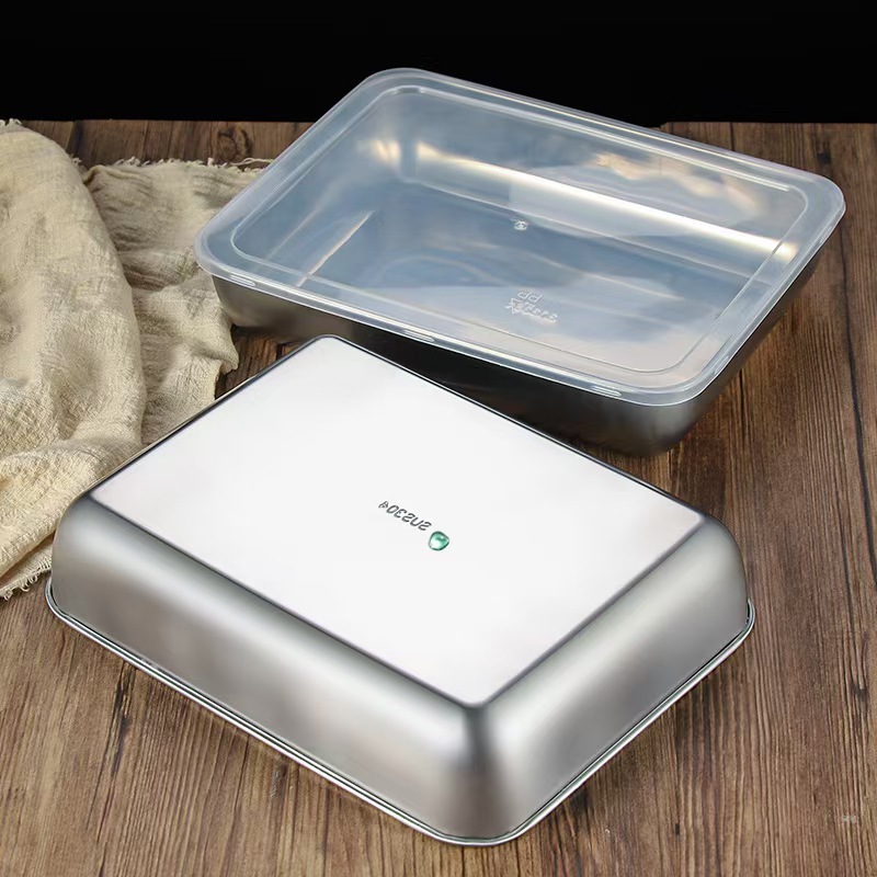 304 Stainless Steel Towel Tray, Fresh-Keeping Box with Lid, Rectangular Barbecue Tray, Thickened Japanese-Style Inverted Tray, Divided Serving Plate