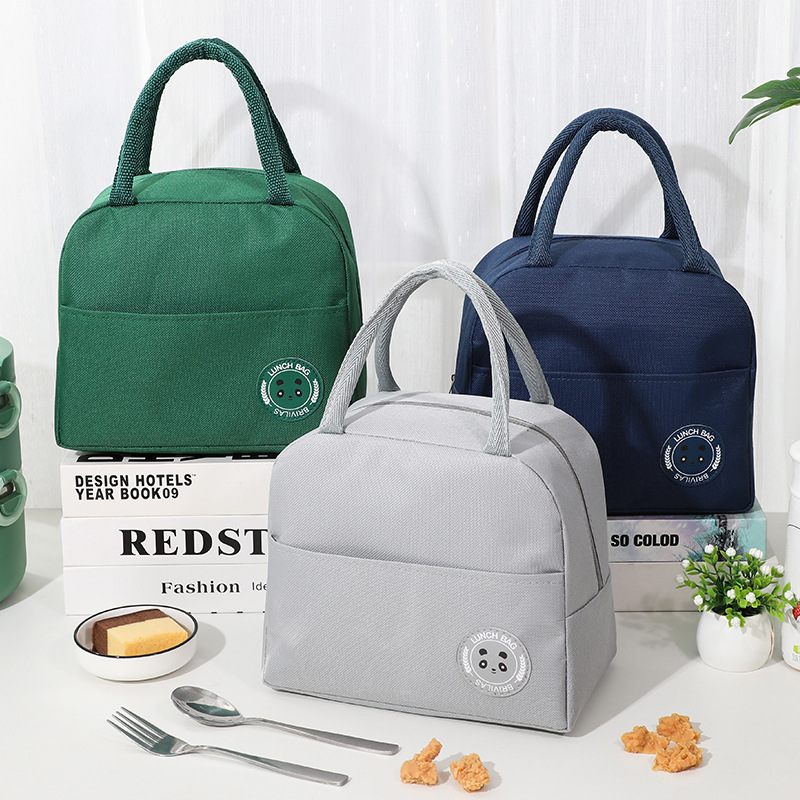 Cross-Border Hot Selling Solid Color Bear Label Lunch Bag Office Worker Portable Handbag Ice Bag Student Insulated Lunch Bag