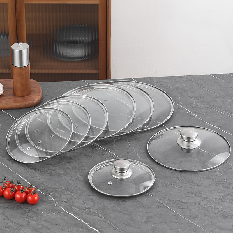 13-28/35cm Universal Tempered Glass Pot Cover Wok Household Transparent Flat Bottom Soup Pot Steamer Cover Without Top Bead