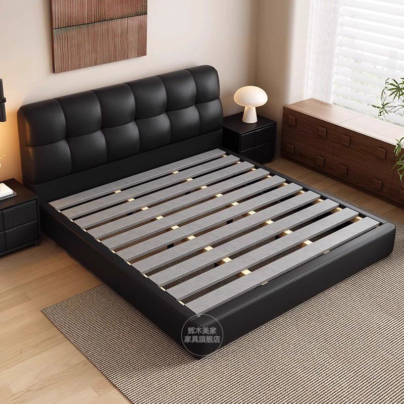 Modern Light Luxury Simple Genuine Leather Ins Black Cream Double Bed Master Bedroom 1.8m Small Apartment Storage Bed Wedding Bed
