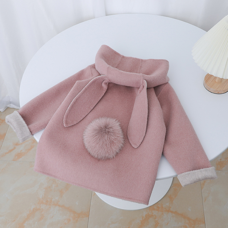 2025 Children's Double-Sided Wool Coat Pink Children's Coat Rabbit Ears Cartoon Short Wool Coat with Tail