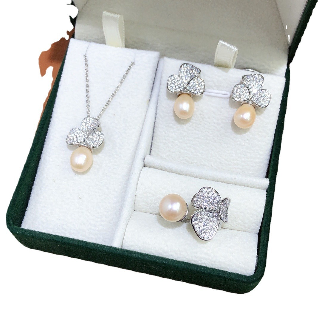 Freshwater pearl inlay set wholesale all-match jewelry fashion pendant earrings ring three-piece set tide wholesale goods