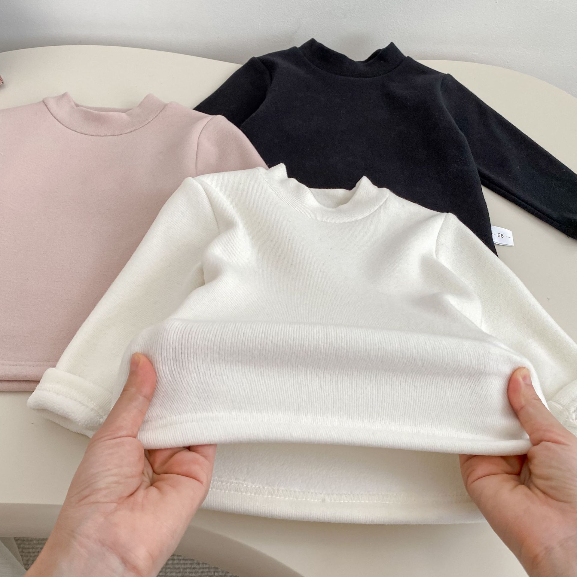 2025 Winter Kidsren's Velvet Bottoming Shirt New Baby Pure Color Versatile Round Neck Thickeneded Inner Long-Sleeved T-Shirt