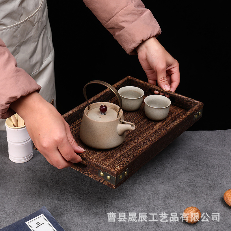 Solid wood household tray tea cup water cup tea tray living room paulownia simple rectangular incense Cup tool tray
