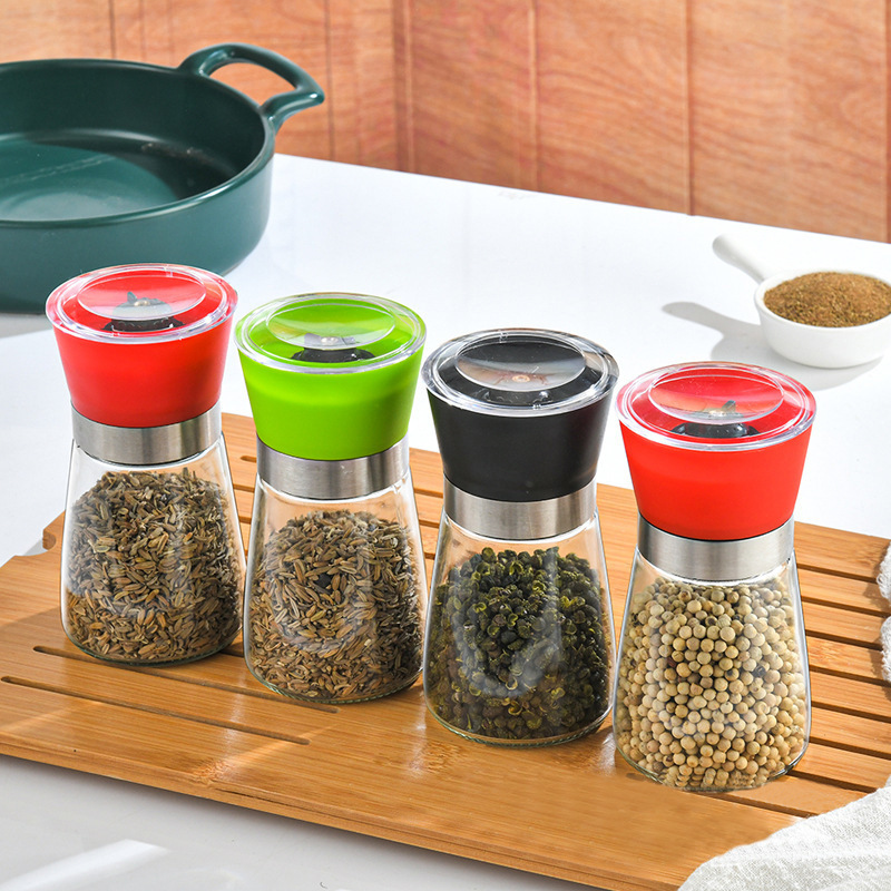 Cross-Border Manual Grinder Household Stainless Steel Kitchen Sea Salt Pepper Grinding Bottle Seasoning Bottle Sprinkling Glass Bottle
