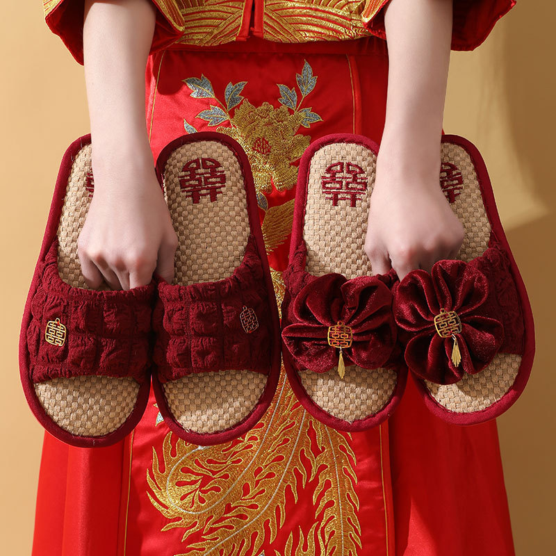 Льняные свадебные тапочки пара красных праздничных для дома не скользящие свадебные тапочки для невесты и жениха