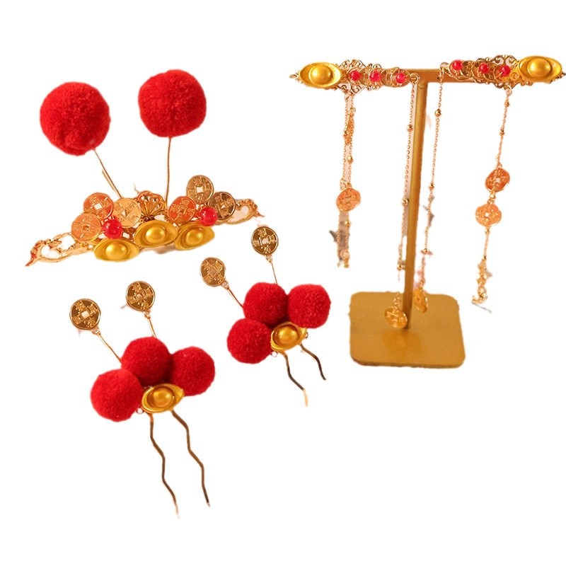National style red fur ball silver ingot copper money hair accessories suit national tide little god of wealth makeup headdress cute sweet pair