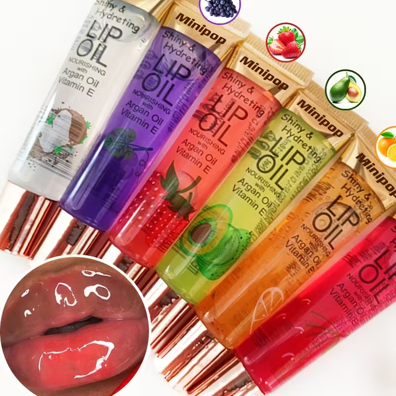 Cross-Border Popular Fruit Lip Oil Minipop Transparent Texture Lip Oil Hydrating and Moisturizing High-Gloss Lip Gloss Soft Tube Water