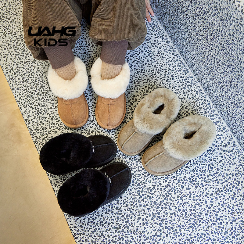 Girls' low-top snow boots children's snow cotton suede lamb wool mouth fleece-lined thickened baby cotton shoes side zipper