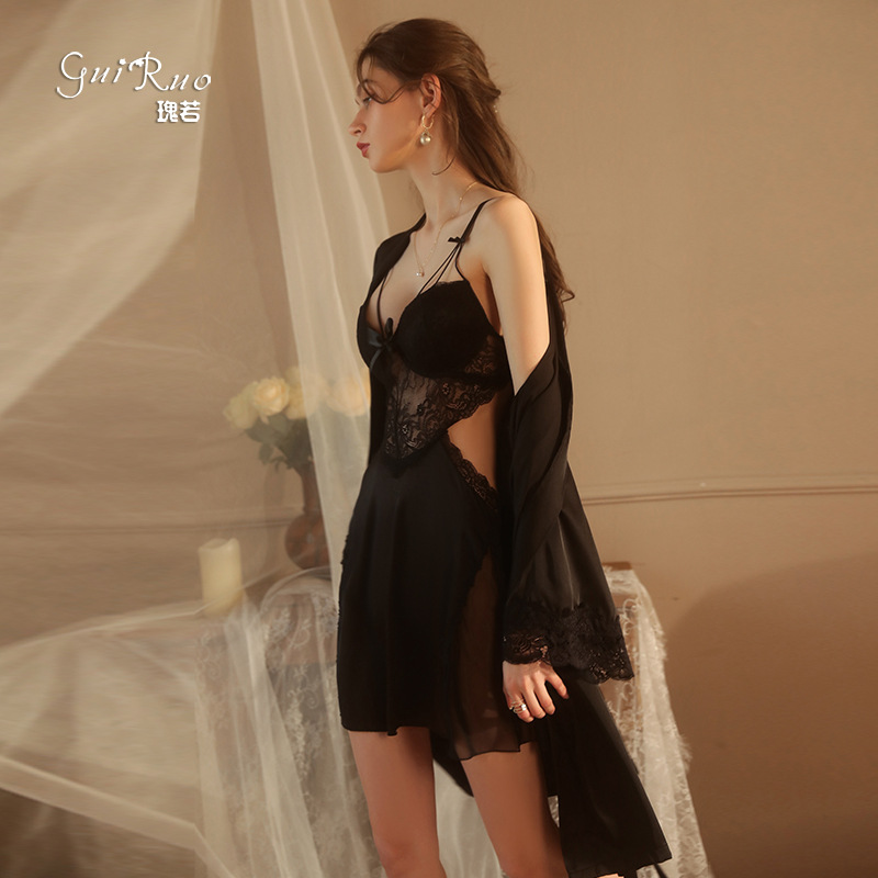 Guiruo sexy lace perspective temptation steel ring gathered with chest pad plus size strap skirt women's home clothing suit 2044