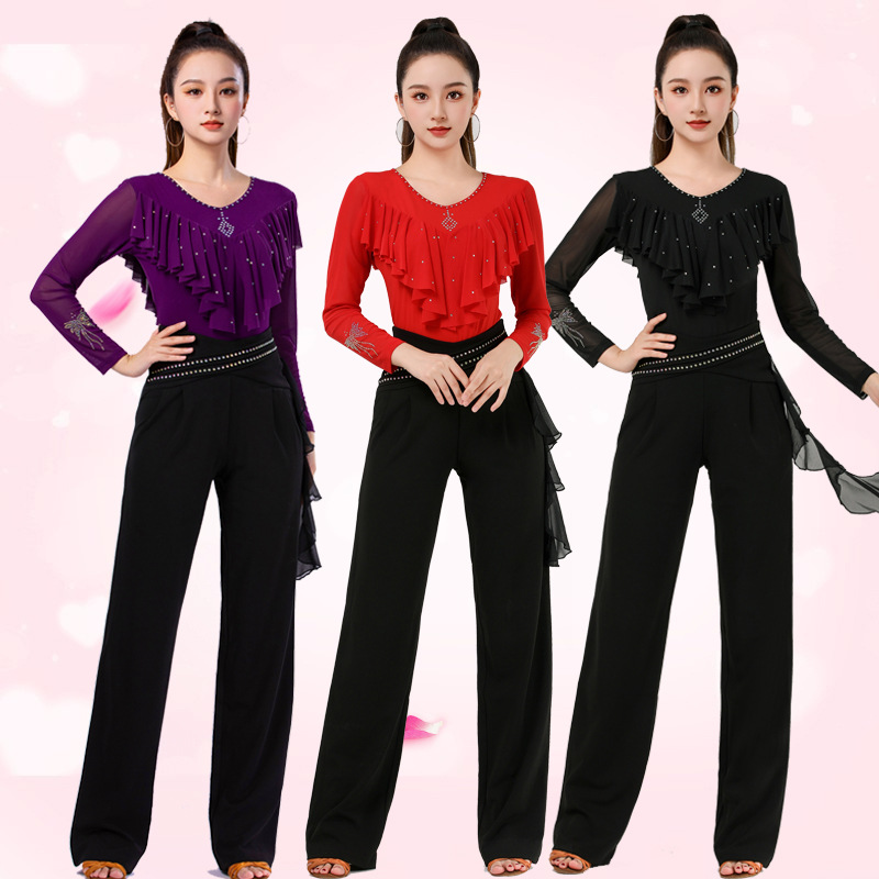 Топ Jitterba новая женская длинный рукав квадратного танца женская трехступенчатая цветная сетка с горячими сверкающими рюшами