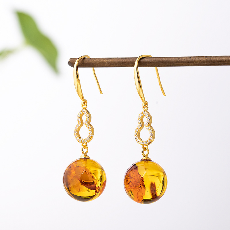 Natural Ore Amber Pepper Round Bead Earrings Earrings Ear Hook Elegant Classic S925 Silver Gold Plated Inlaid Earrings