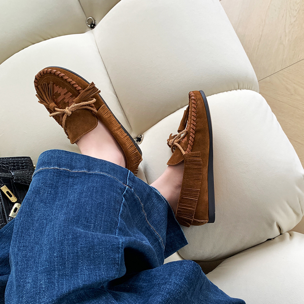 Модные замшевые лодочки для женщин с бантом и кисточкой, нескользящая мягкая подошва, для повседневной носки