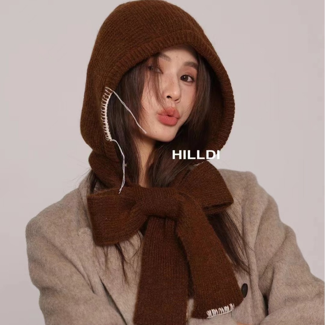 2024 autumn and winter new solid color knitted hat shawl women's dual-use outer padded warm neck scarf