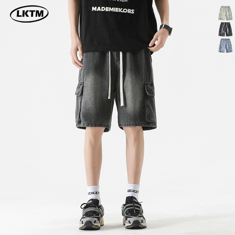 Мужские джинсовые шорты в американском стиле, много карманов, свободные прямые брюки с широким поясом