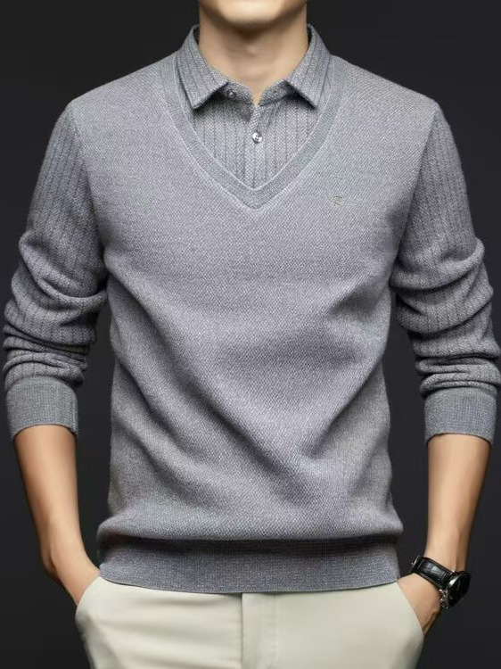 Trendy Chenille Faux Two-Piece Fleece-Lined Thickened T-Shirt Sweater for Men, New Autumn and Winter Versatile Warm Top