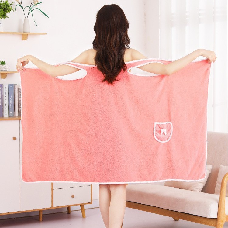 Coral Fleece Bath Skirt for Adults, Soft and Thick, Absorbent Bath Towel with Bow, Pocket, Short Sleeves, Can Be Worn as a Strapless Quick-Drying Bathrobe
