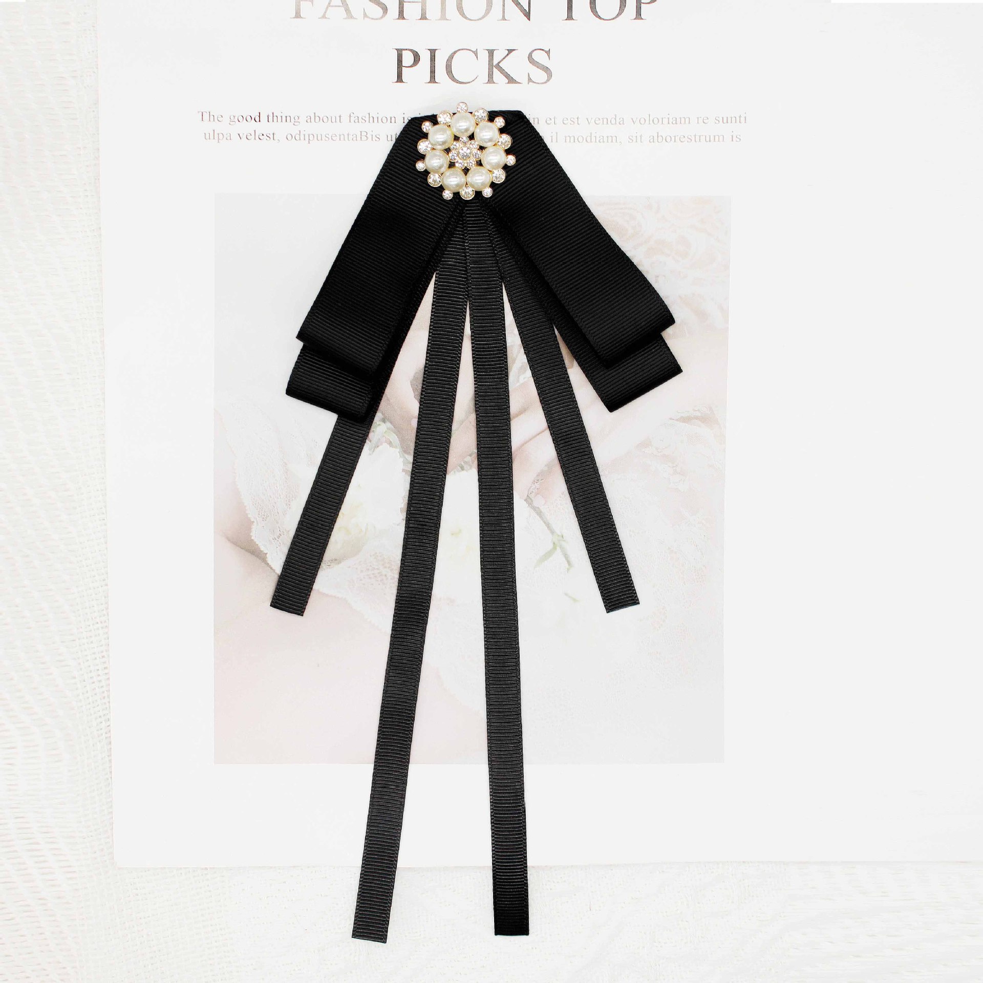 Lace Bow Tie Long Piao Lace Accessories South Korea Black Chanel Style Diamond Collar Academy Style Hair Accessories