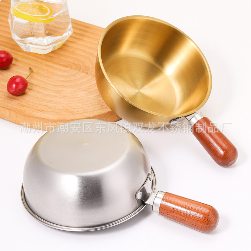 Cross-Border Walnut Handle Stainless Steel Mini Pot Instant Noodle Pot Salad Bowl Baked Rice Pot Food Supplement Pot Milk Pot Japanese Style Single Person