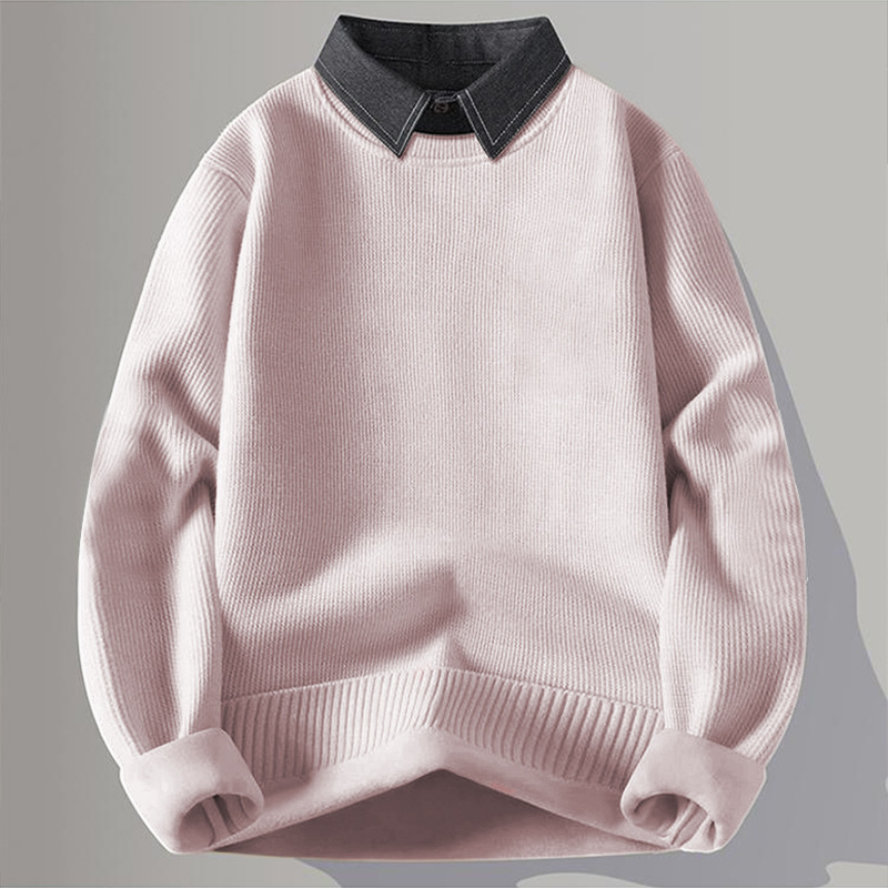 Sweater Autumn and Winter Vacation Two-Piece Sweater Men's Shirt Collar Sweater Fleece-Lined Thickeneded Warm Top with Knitted Sweater Inside