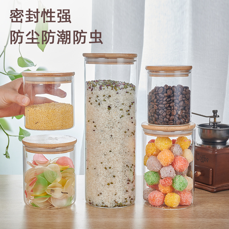 Factory wholesale High Borosilicate Glass sealed cans bamboo lid tea cans transparent storage cans candy cans kitchen storage cans