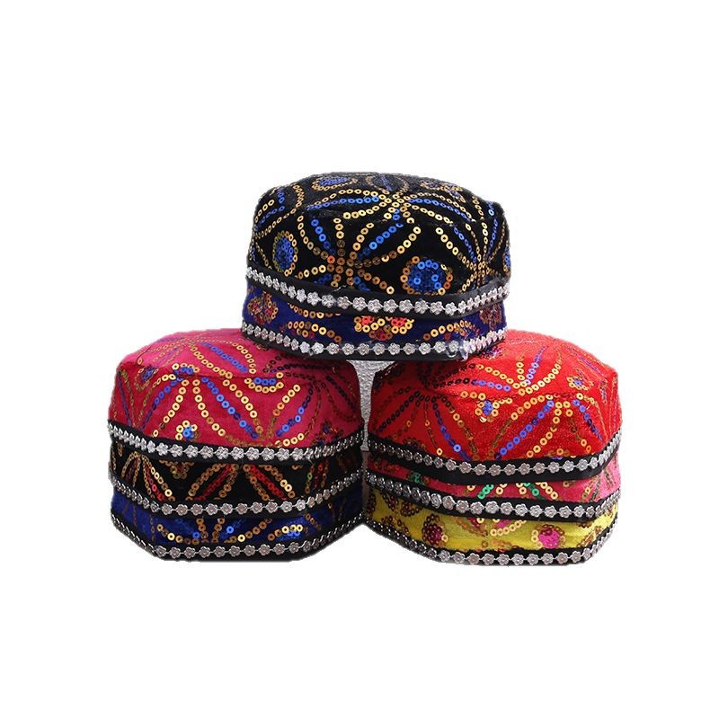 Xinjiang Uygur Small Flower Hat Ethnic Style Hat Stage Performance Hexagon Hat with Braid Small Flower Hat