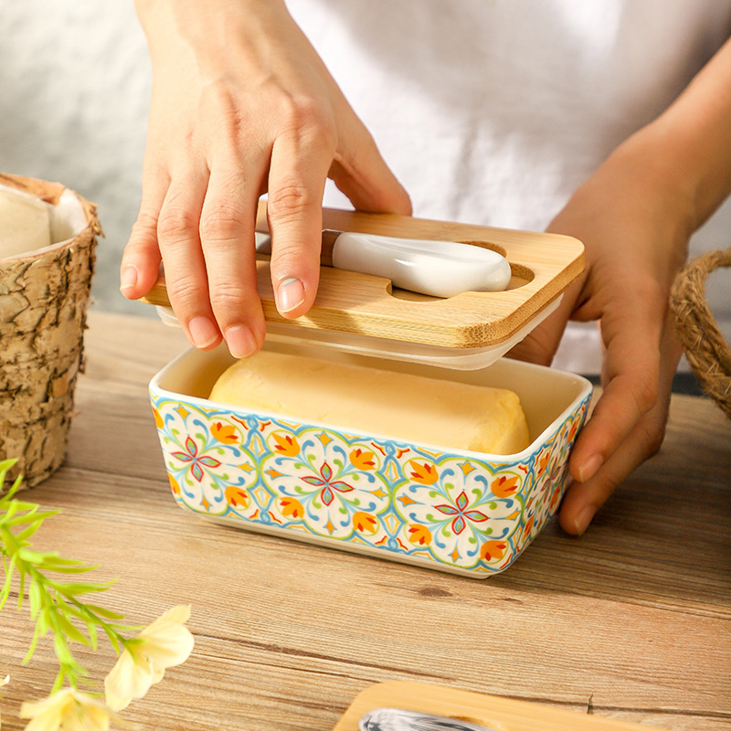 Pastoral Style Ceramic Butter Box with Knife and Lid, American-Style Household Kitchen Storage Box, Cross-Border Cheese Storage Box Wholesale
