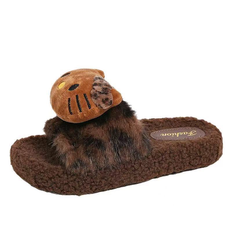 Leopard Print Kt Cat Fur Slippers for Women in Autumn and Winter New Style Going Out Niche Sexy Style High-Looking Lamb Wool Home Cotton Slippers