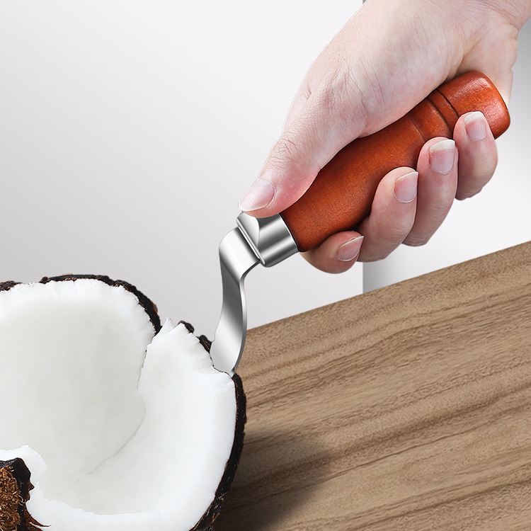 Factory Direct Supply Stainless Steel Coconut Meat Scooper Curved Blade Coconut Meat Separator with Pointed Wooden Handle Coconut Tool