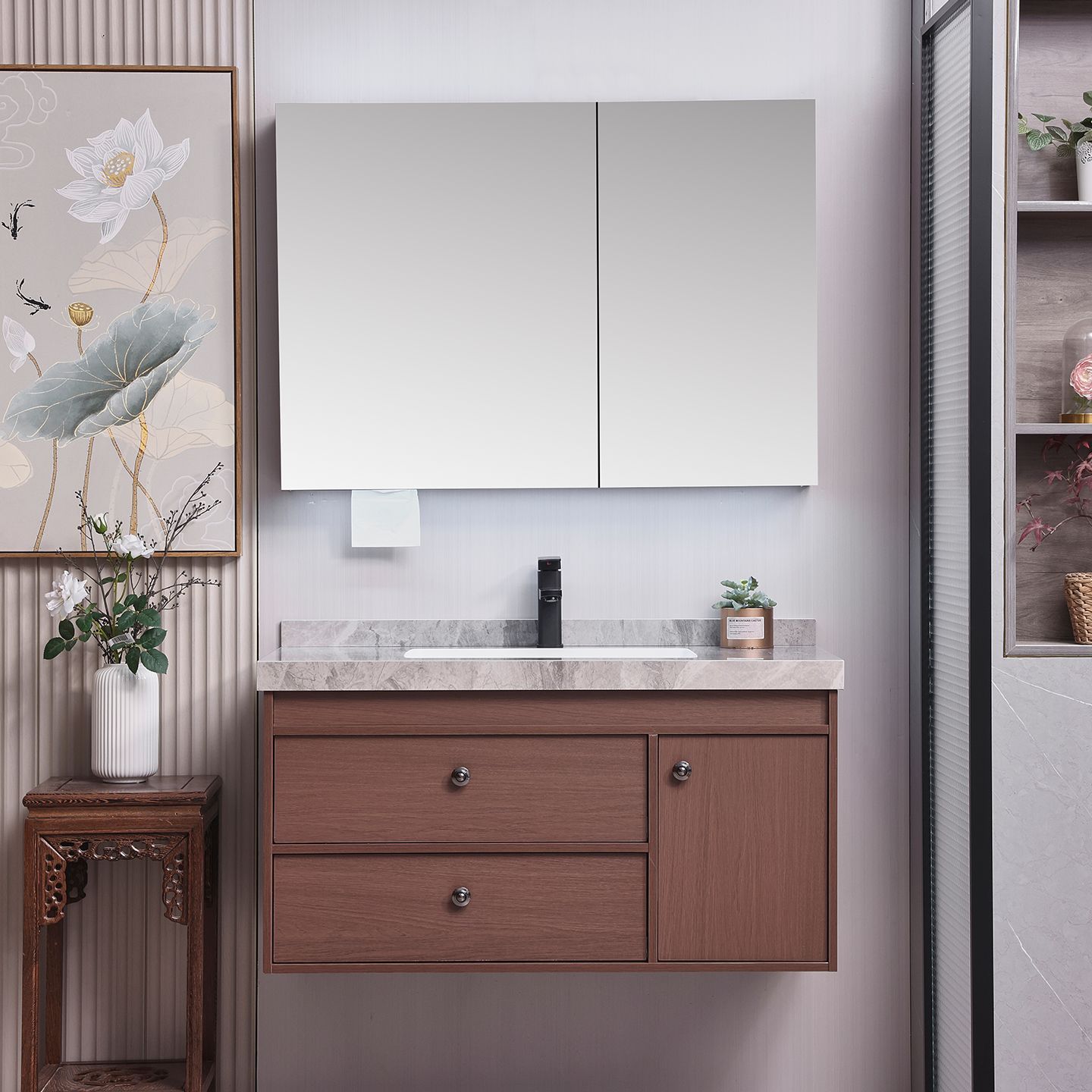 Walnut Color Antique Solid Wood Bathroom Cabinet Ceramic Integrated Bathroom Wash Basin Chinese Wash Combination Wash Basin